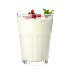 Yogurt drink with red toppings and mint in glass