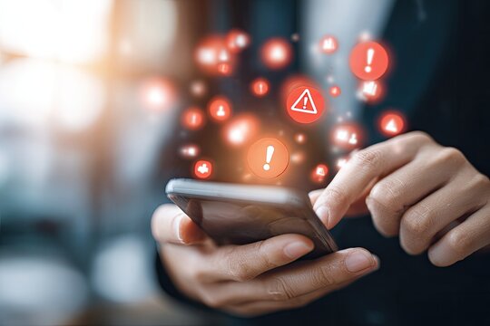 Hands holding phone with warning icons