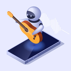 isometric ai assistant in phone creates music, neural network concept, vector illustration