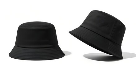 Two identical black bucket hats, one upright and the other tilted, against a white background.