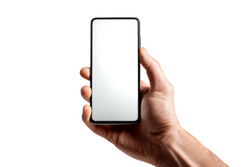Smartphone mockup with blank white screen, held by a hand. Perfect for showcasing apps or websites.