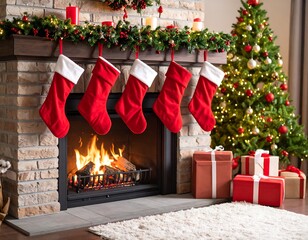 Christmas stockings by fireplace