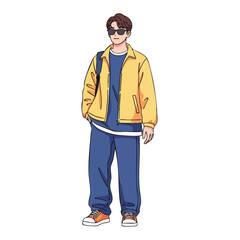Obraz premium Young man in stylish streetwear outfit, featuring a yellow jacket and navy pants, exudes a trendy vibe .