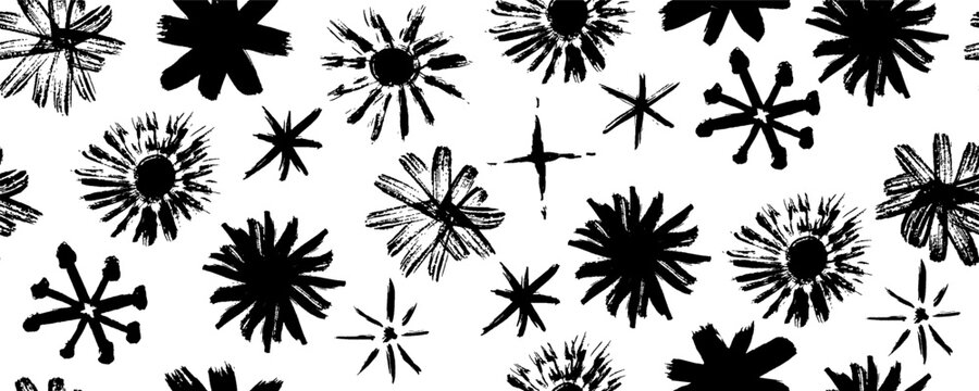 Seamless pattern of handdrawn flowers, graffiti stars, snowflakes and asterisk shapes. Grunge wax crayon squiggles with chalk and charcoal feel, cute stylish template for Christmas, Xmas and music