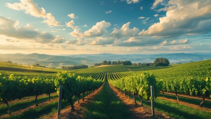 Fototapeta premium Vineyard landscape with rolling hills and a vibrant sky during sunset. Agriculture and farming, scenic view. The scene of cultivated grapevines in a lush rural area.