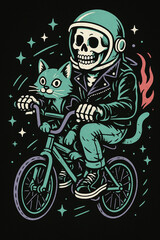Illustration of skeleton biker with helmet riding bicycle together with cat in cosmic background with stars and flame tail