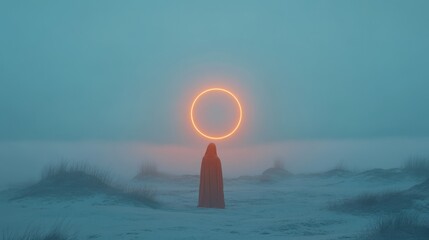 Woman stands in a field of snow with a glowing circle in the sky