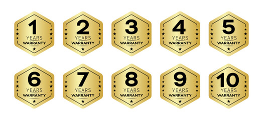 1 to 10 years warranty logo set in golden color and hexagon shape.
