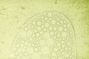 Macro microscope green bubble texture, Close-up Green bubbles and drops oil background . blue green...