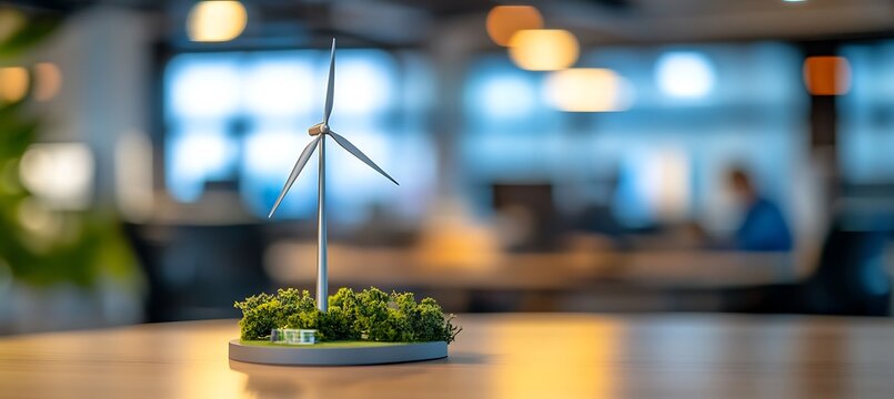 Wind turbine model for sustainable energy and green technology in a modern office environment setup - Powered by Adobe