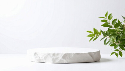 Elegant Product Display with Natural Greenery and Minimalist White Backdrop