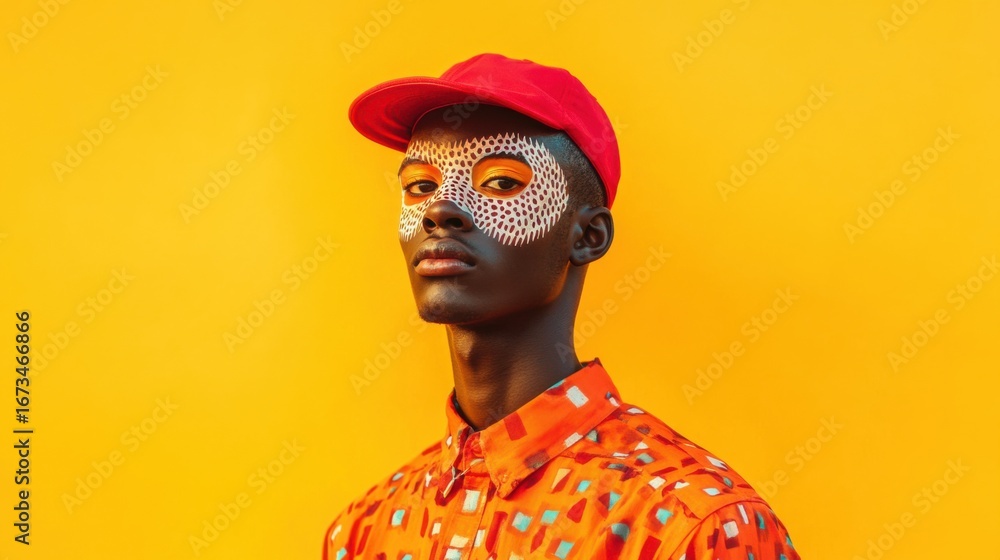 Poster black man in a red cap with a face design on a yellow background.