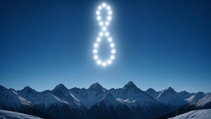 Sun positions creating an analemma in the twilight sky above a snowy mountain range, illustrating the earth's annual orbit and axial tilt while capturing the beauty of winter landscapes