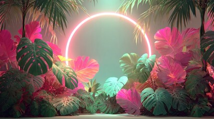 Tropical leaves circle frame with pink blue neon lights round frame flicker animation cosmetics and beauty nature products sale shopping vertical social media motion background