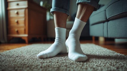 Person wearing white socks standing on a rug in a living room.