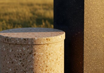 Naklejka premium Close-up of Terrazzo Pedestal and Column in Golden Sunlight with Green Background