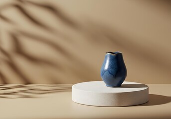 Dark Blue Ceramic Vase on Pedestal with Leaf Shadows and Beige Wall