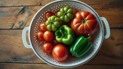 Fresh tomatoes and green bell peppers in a colander on a wooden surface
