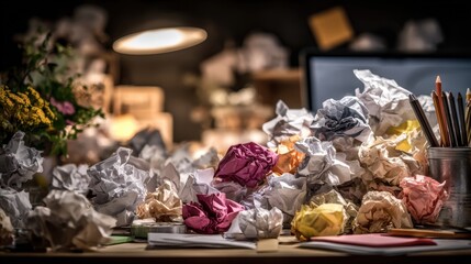 Cluttered workspace with scattered crumpled paper, open laptop, office supplies, and colorful notes on a desk
