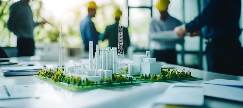 Architecture model industrial construction project engineering team planning design meeting concept