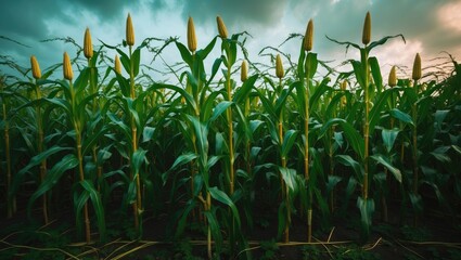 A maize field with tall, mature corn plants and yellow corn ears, set against a cloudy sky at sunset.