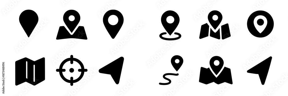 Poster map markers and navigation icons for location tracking purposes