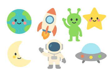 Obraz premium Cartoon characters exploring space with Earth and aliens