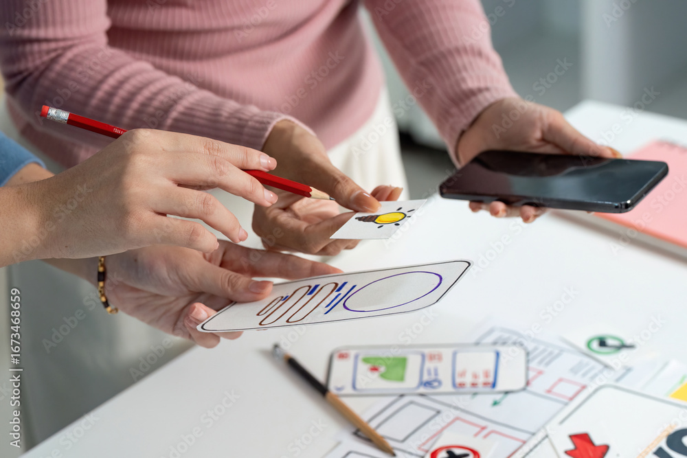 Aufkleber ux and ui design process with sketches and smartphone