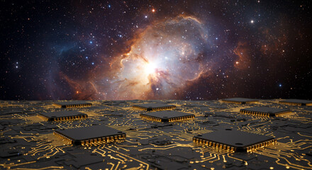 Explore infinite possibilities with advanced technology against a stunning cosmic backdrop, symbolizing innovation.