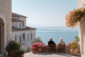 Serene vista of two senior individuals peacefully enjoying the ocean view from a charming European terrace. Captures calm, togetherness,  timeless beauty.