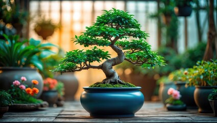 A bonsai tree in a pot inside a greenhouse with various plants around.