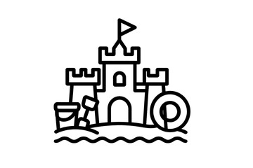 Fototapeta premium Creative sandcastle illustration with beach toys and a flag