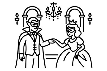 Obraz premium Illustration of a couple in costumes at a festive ballroom celebration