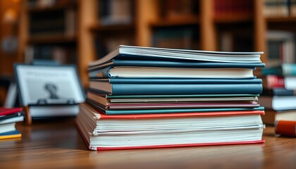 Close up of a stack of books neatly arranged on a wooden study table.