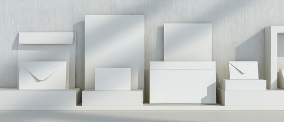 Fototapeta premium Minimalist White Storage Boxes and Shelves Set with Envelopes and Lids for Organized Home and Office Decor