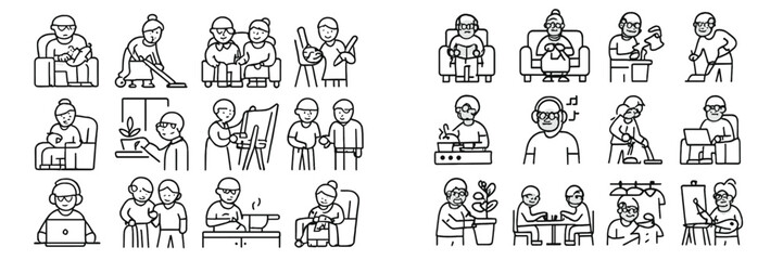 Naklejka premium Activities of elderly people illustrated in various home settings