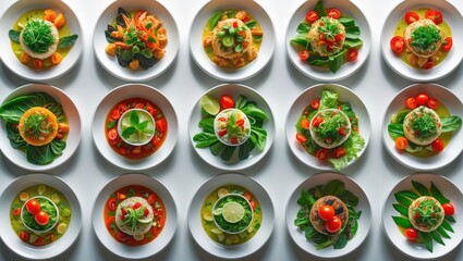 Fototapeta premium A variety of healthy dishes served on white plates with vegetables, greens, and citrus, arranged in a grid pattern for a colorful presentation.