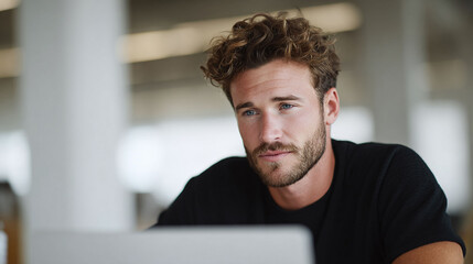 Intense focus is reflected in his eyes as he gazes at the screen. Represents dedication, modern work, digital lifestyle, and technology. Perfect for business and creative projects.