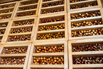 a large, wooden shelf displaying numerous compartments filled with assorted wooden balls.