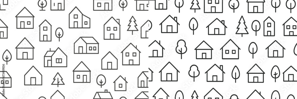Poster vector illustration of minimalistic houses and trees in a pattern