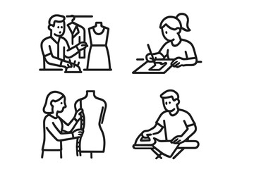 Fototapeta premium Fashion design process featuring tailoring, sketching, and ironing