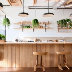 Cafe interior with wooden counters and hanging greenery showcasing biophilic design