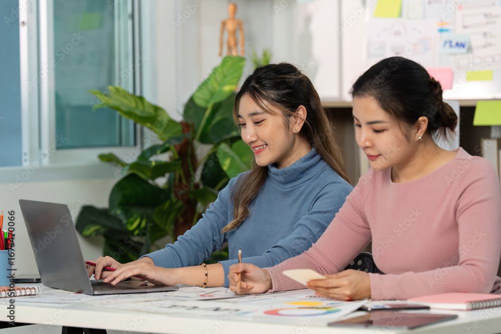 Poster ux and ui design teamwork with laptop and creative materials