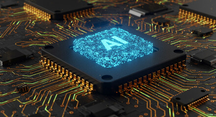 Advanced AI chip powering futuristic technology on intricate circuitry, glowing with innovation and digital intelligence.