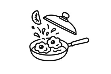 Cooking delicious eggs in a pan with splashes of oil and tomato