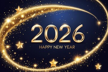 Golden 2026 Happy New Year Greeting with Sparkling Stars and Light Swirls on Dark Blue Background AI-Generated
