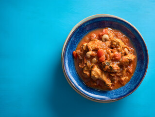 Chicken curry with beans and tomatoes in a blue bowl