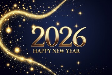 Elegant Golden 2026 Happy New Year Greeting with Sparkling Light Swirls on Dark Blue Background AI-Generated
