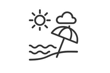Sunny beach scene with umbrella and ocean wavy line art illustration