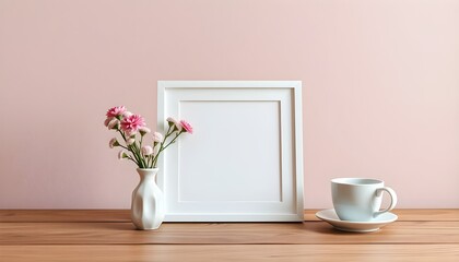 A minimalist photo frame sits on a wooden table, complemented by a small ceramic vase filled with fresh flowers and a cup of coffee, against a pastel pink wall backdrop.